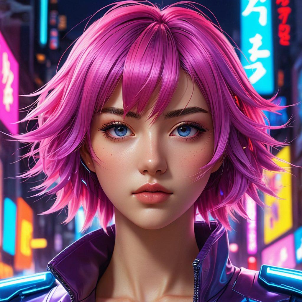 A captivating scene showcasing a stylish anime character with vibrant hair and expressive features, surrounded by digital graphics and abstract shapes representing digital identity. The background features a blend of neon colors symbolizing allure and excitement, with subtle hints of adult themes integrated artistically. The overall composition merges fantasy and technology, inviting the viewer into the world of adult anime. super-realistic. vibrant colors. cyberpunk.
