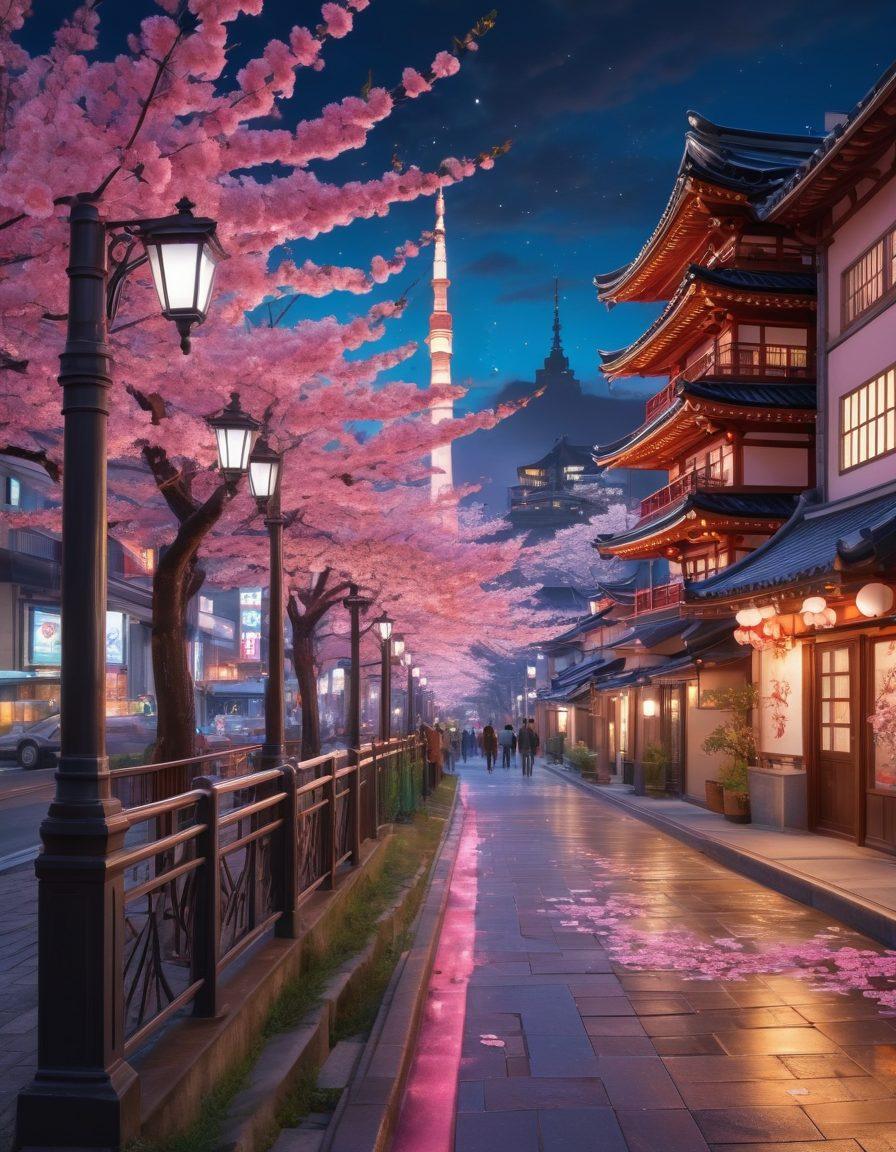 A whimsical landscape merging elements of fantasy and modernity, showcasing an anime-style character interacting with a bustling urban setting. Incorporate vibrant colors and iconic symbols of Japanese culture, such as cherry blossoms and neon lights. Include subtle references to classic fairy tale motifs intertwined with contemporary life, capturing the evolution from fantasy to reality. Illustrate a sense of cultural fusion and narrative depth. super-realistic. vibrant colors. 3D.